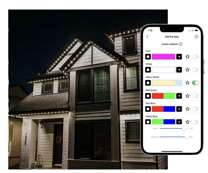 Gemstone Lights on display on a detached house with a screenshot of the Gemstone Hub App that shows light colour controls.