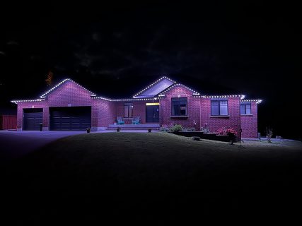 image from permanent outdoor Christmas LED lighting system we installed for a client in Belleville, Ontario , Permanent Holiday lights, Christmas lights , pot lights , Gemstone lights , LED lights ,