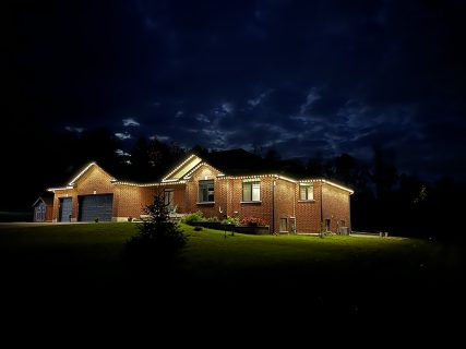 image from permanent outdoor Christmas LED lighting system we installed for a client in Belleville, Ontario , Permanent Holiday lights, Christmas lights , pot lights , Gemstone lights , LED lights ,