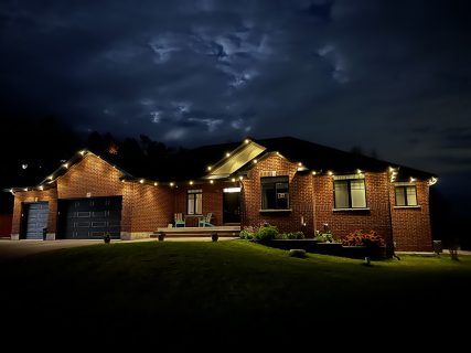 image from permanent outdoor Christmas LED lighting system we installed for a client in Belleville, Ontario,Permanent Holiday lights, Christmas lights , pot lights , Gemstone lights , LED lights , Kingston Ontario, Lighting Kingston Ontario