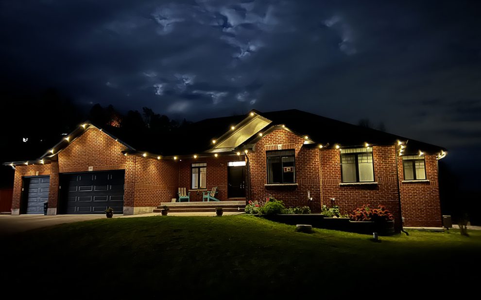 image from permanent outdoor Christmas LED lighting system we installed for a client in Belleville, Ontario,Permanent Holiday lights, Christmas lights , pot lights , Gemstone lights , LED lights , Kingston Ontario, Lighting Kingston Ontario