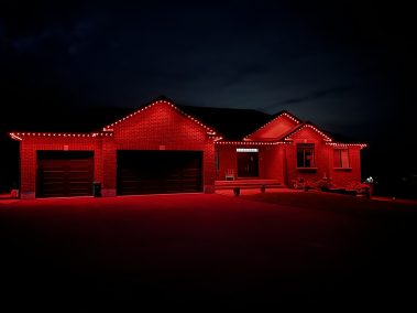 image from permanent outdoor Christmas LED lighting system we installed for a client in Belleville, Ontario,Permanent Holiday lights, Christmas lights , pot lights , Gemstone lights , LED lights , Kingston Ontario, Lighting Kingston Ontario