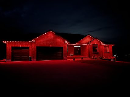 image from permanent outdoor Christmas LED lighting system we installed for a client in Belleville, Ontario,Permanent Holiday lights, Christmas lights , pot lights , Gemstone lights , LED lights , Kingston Ontario, Lighting Kingston Ontario